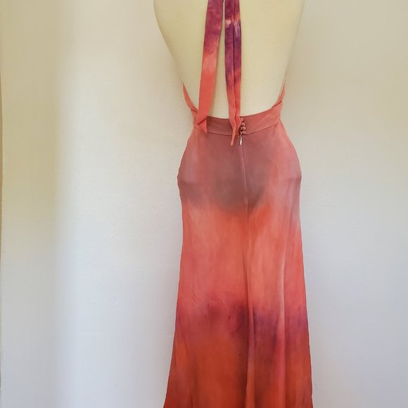 NEW Silk Short midi halter maxi Dress bridesmaid party tie dyed painted blue red - Picture 5 of 9